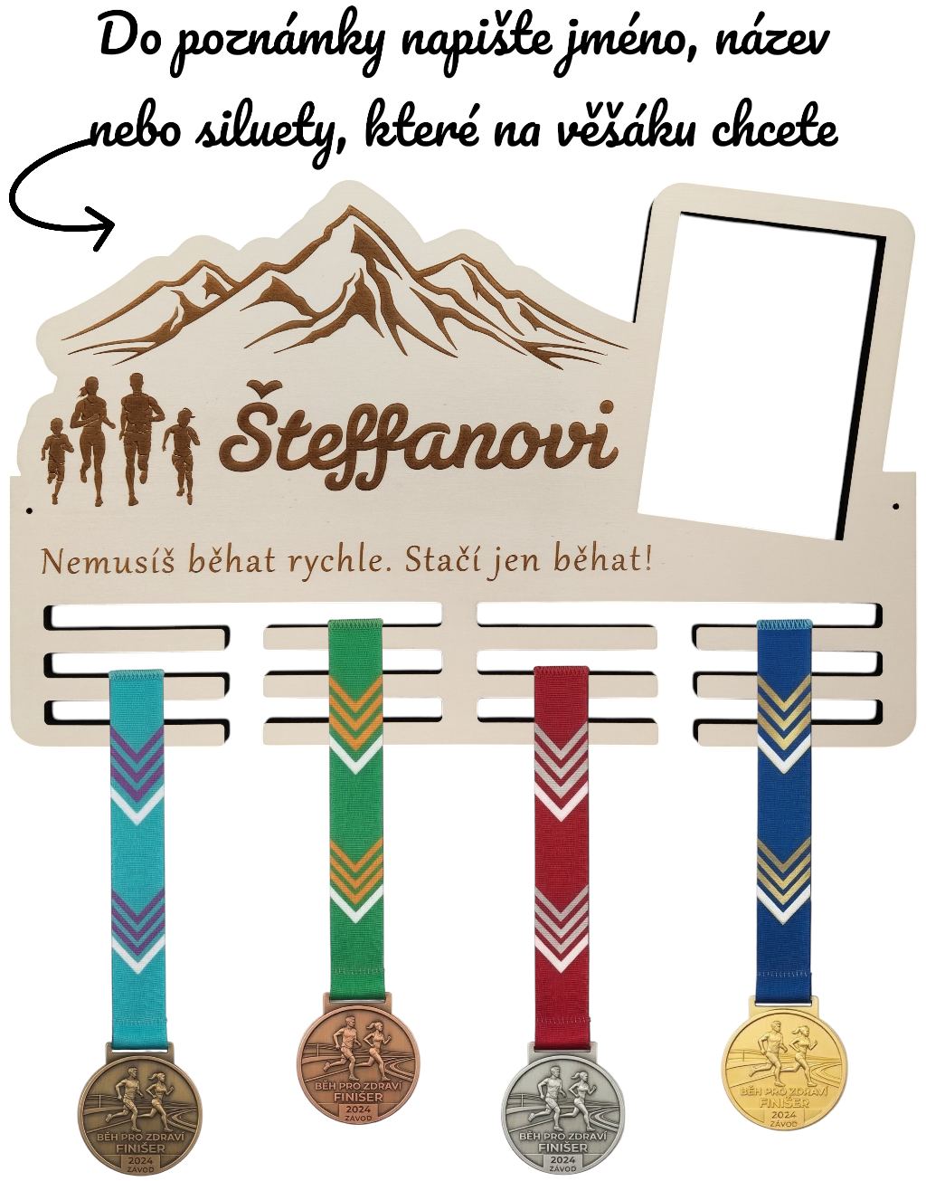 Dřevěný věšák na medaile s fotorámečkem a gravírovaným jménem